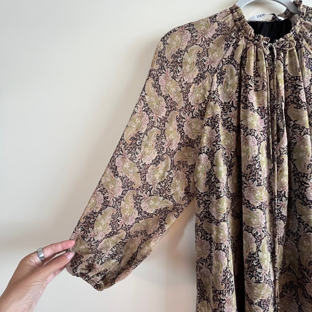 Zara Paisley Mini Dress Womens XS Green Boho Coquette Flowy Tie Neck Long Slv